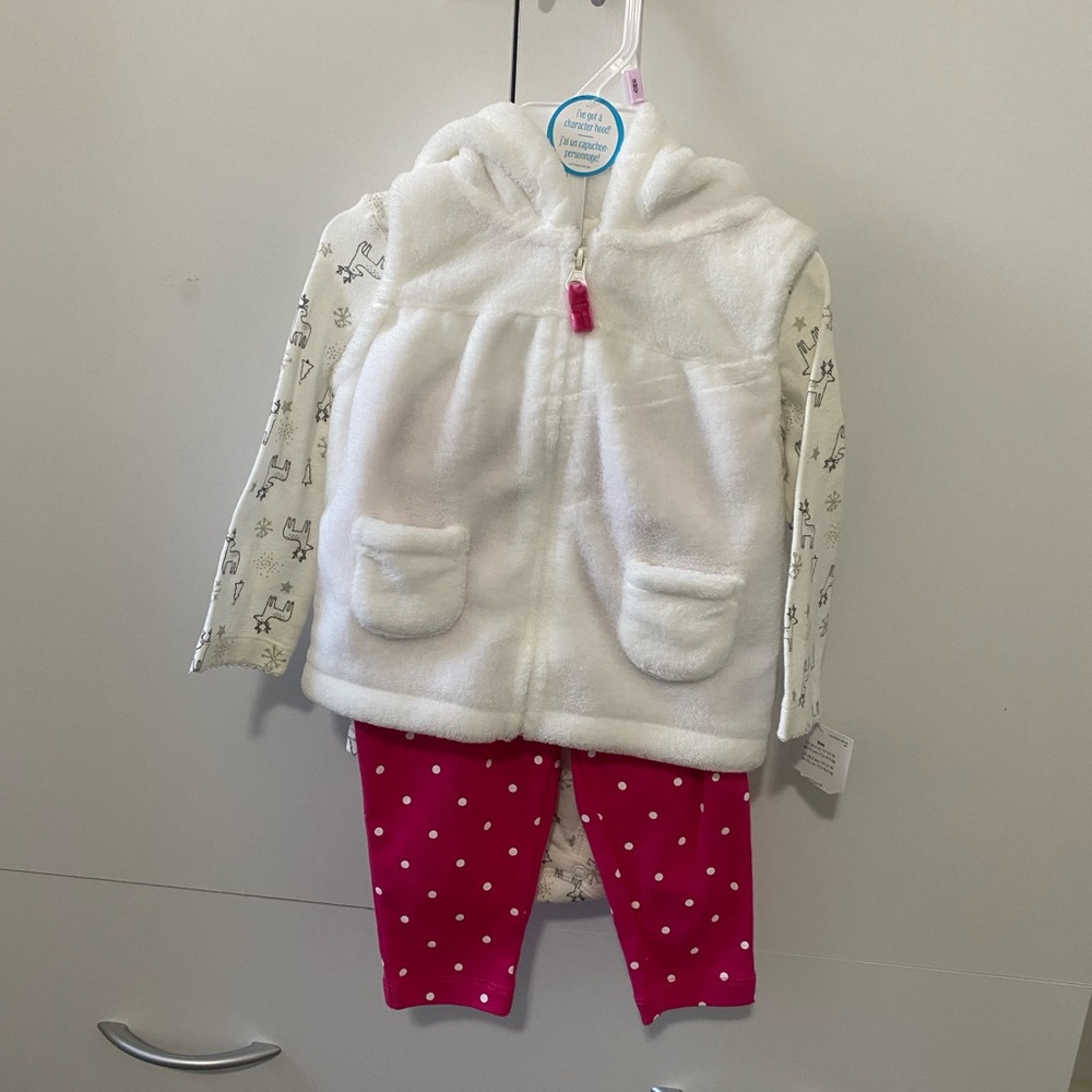 White Fleece Vest with Pink Polka Dot Pants
